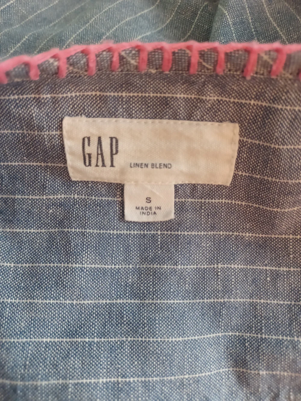 GAP Linen-Blend Striped Peasant Top, Grayish-Blue with Pink Tassels Size S Boho
